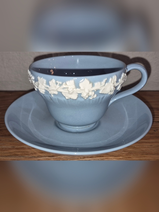 Wedgwood Other - 1950s WEDGWOOD QUEENSWARE Blue on Cream Footed Demitasse small Cup & Saucer